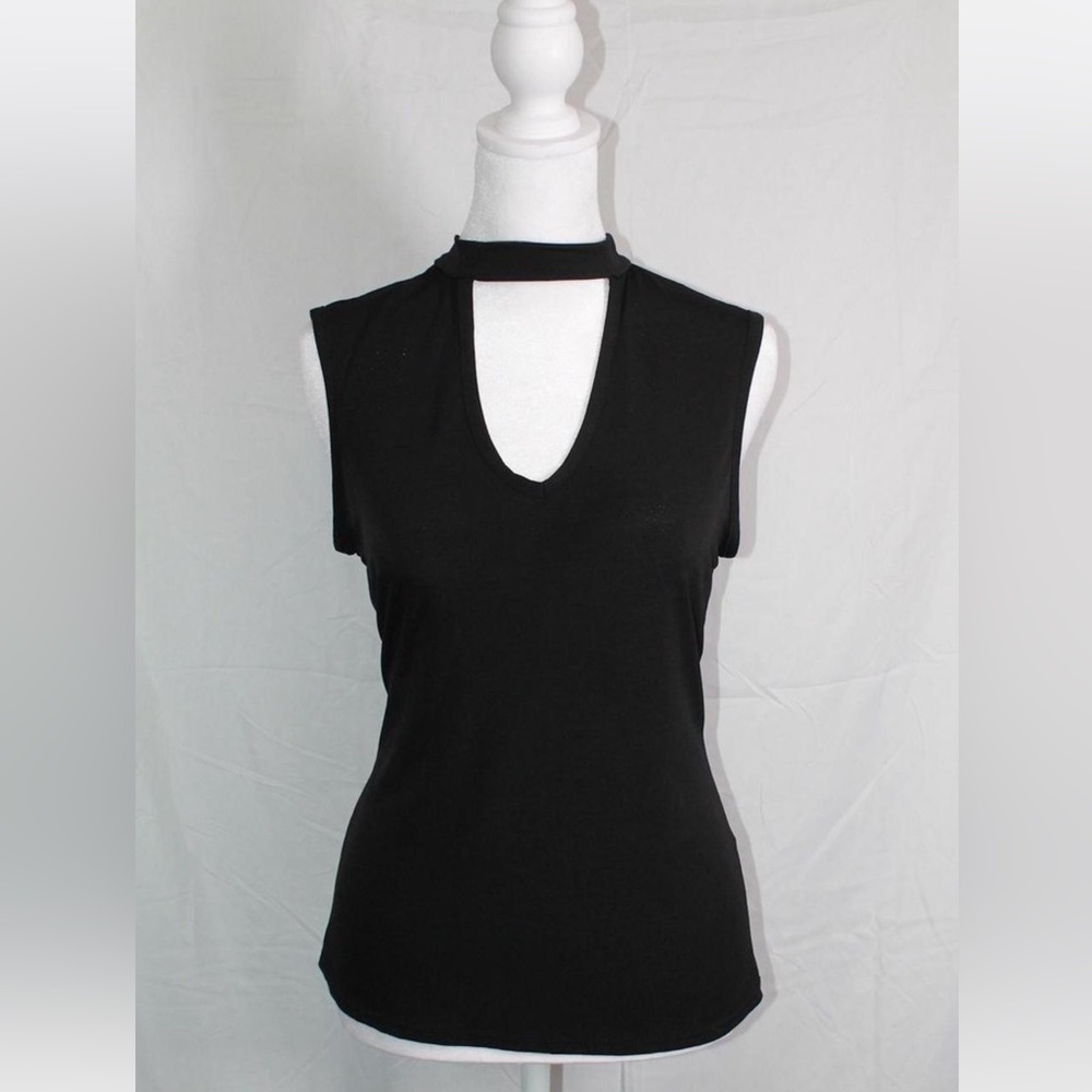 First Love Black Mock Neck Sleeveless Tank with V-Keyhole